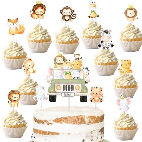 KOBOKO 18 Stück Tiere Tortendeko Kinder, Jungle Safari Animal Cupcake Toppers, Waldtiere Geburtstag Deko, Dschungel Deko Geburtstag, Löwen Cake Topper Geburtstag für Baby Shower von Koboko