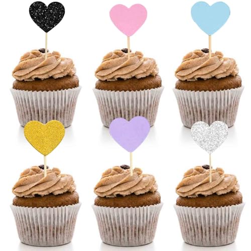 KOBOKO 60 Stück Herzen Cupcake Deko Geburtstag, Herzen Tortendeko Geburtstag, Muffin Deko Hochzeit, Cupcake Topper für Geburtstag Hochzeit Braut Jubiläum Baby Dusche Party Dekorationen von Koboko