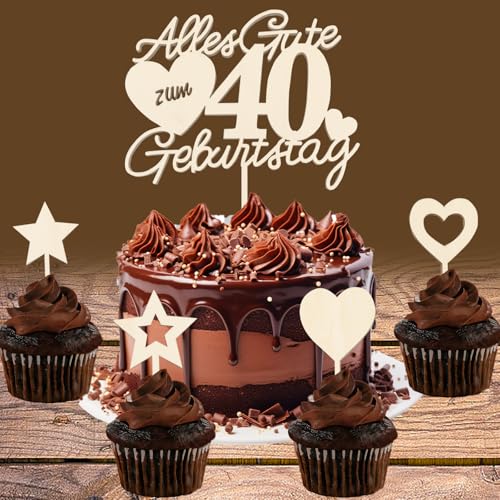 KOBOKO Tortendeko 40 Geburtstag Mann Frau, Holz Cake Topper 40 Geburtstag, Kuchen Deko 40 Geburtstag, Alles Gute zum 40 Geburtstag Jahre, Happy 40th Birthday Cake Topper von Koboko