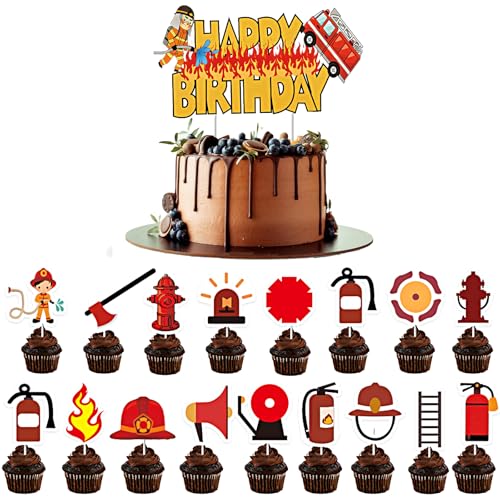 KOBOKO 18 Stück Feuerwehr Tortendeko Geburtstag, Feuerwehr Deko Kindergeburtstag, Tortendeko Feuerwehr, Fire Truck Cupcake Toppers, Geeignet für Mottopartys, Kindergeburtstage, Kuchendekorationen von Koboko