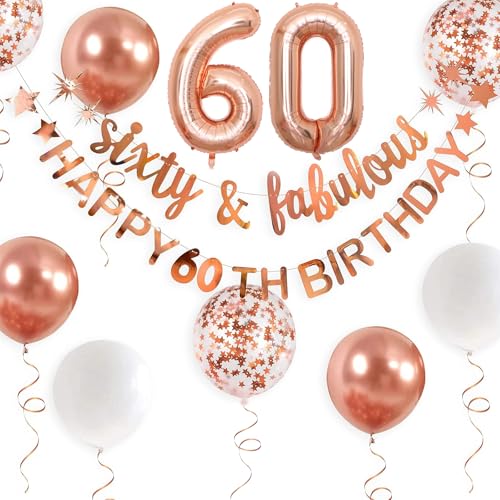 KOBOKO Luftballon 60 Geburtstag Frau, Deko 60. Geburtstag Frau Ballons Roségold, Luftballons 60 Geburtstag Frau Deko, Happy Birthday Banner Folienballon 60, Konfetti Ballon Geburtstagsdeko 60 Jahre von Koboko