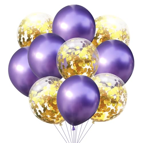 KOBOKO Luftballons Lila Set, 10 Stk Lila Luftballons Geburtstag Mädchen, Lila Deko Konfetti Gold Ballons Hochzeit Deko, Metallic Lila Helium Ballon Glitzer Deko Party, Lila Ballons Konfetti Geburtstag von Koboko