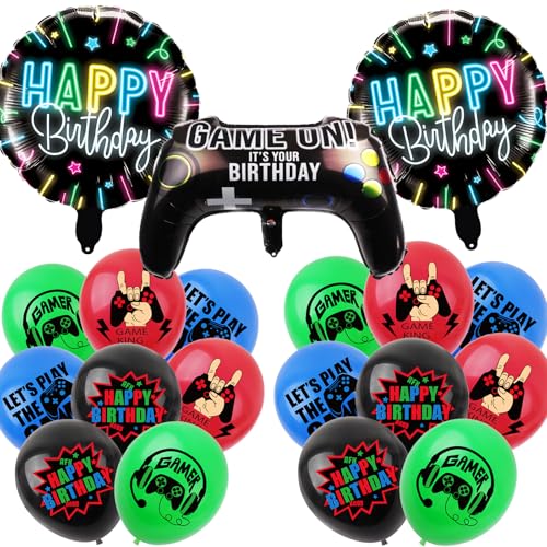 KOBOKO Happy Birthday Ballon Gamer Deko, 19 Stücke Geburtstagsdeko Jungen Gaming Deko, Deko Geburtstag Junge Videospiel Folienballons, Helium Ballons Geburtstag Deko Junge für Kinder Geburtstag Party von Koboko