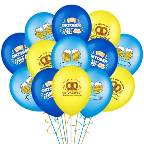 KOBOKO Oktoberfest Deko Luftballons, 24 Stück Deko Oktoberfest Ballons, Blau und Gelb Wiesn Deko Luftballon Set, Bier Deko Luftballon Bayrische Deko, Oktoberfest Deko Luftballons Bier für Wiesn Party von Koboko