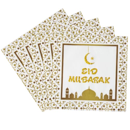 KOBOKO 20 Stück Servietten Eid Mubarak Ramadan Deko, Eid Ramadan Dekoration Ramadan Servietten, Servietten Ramadan Mubarak Tischdeko, Papierservietten für Ramadan Eid Mubarak Deko, 33x33cm (Weiß) von Koboko