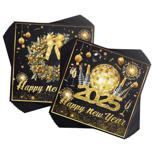 KOBOKO Servietten Silvester Deko 2025, 20 Stück Happy New Year Servietten, Neujahr Servietten Schwarz Gold, Papierservietten Silvesterdeko, Neujahr Tischdeko, Silvestersservietten für Neujahr Deko von Koboko