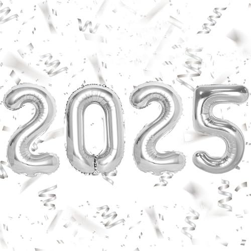 KOBOKO Silvester Deko 2025 Luftballon Silber, 32 Zoll Happy New Year 2025 Ballons, Silvester Deko 2025 Silber Luftballons, Neujahr Deko Folienballon 2025, Silvester Deko 2025 Party Set Neujahr Ballon von Koboko