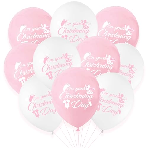 KOBOKO Taufe Deko Luftballons Rosa, 24 Stk Deko Taufe Mädchen Kommunion Luftballon, Taufdeko Mädchen Weiß Rosa Helium Ballons, Taufe Ballon für Babyparty, Kommunion, Babyshower Party Deko von Koboko