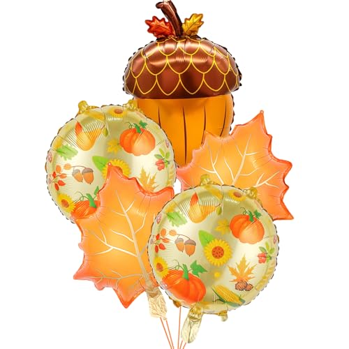 KOBOKO Herbst Deko Ballon, 5 Stück Herbstdeko Ahornblatt Folienballon Set, Thanksgiving Deko Luftballon, Herbst dekoration Luftballons Orange, Tannenzapfen Ballon für Erntedankfest Deko Geburtstag von Koboko