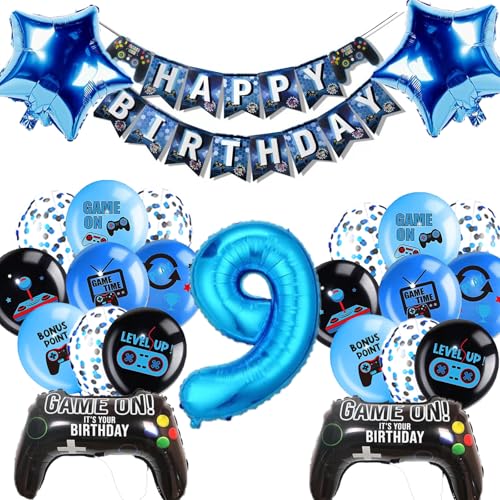 KOBOKO Gaming Geburtstagsdeko 9 Jahre Junge, Luftballon 9 Jahre Junge Gamer Deko, Luftballons 9 Geburtstag Junge Deko, Videospiel Geburtstag 9 Jahre Junge Folienballon für Kinder Spiel Thema Party von Koboko