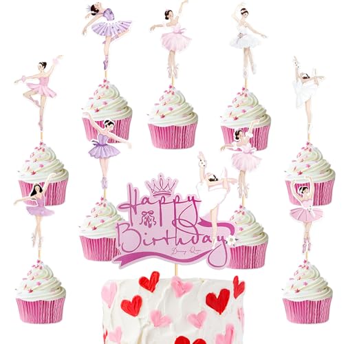 KOBOKO 25 Stück Ballerina Tortendeko Geburtstag, Ballerina Cupcake Topper Geburtstag, Rosa Happy Birthday Kuchen Deko für Ballerina Thema, Ballett Cake Topper Geburtstag Mädchen Torten Deko von Koboko