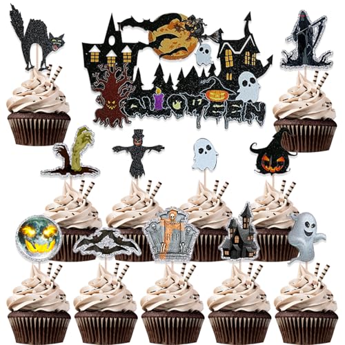 KOBOKO 12 Stk Horror Halloween Tortendeko,Glitter Tortendeko Halloween,Geister Deko Halloween Kuchen Deko,Geist Halloween Muffin Deko,Fledermaus Tortendeko Halloween Cupcake Deko,Halloween Party Deko von Koboko