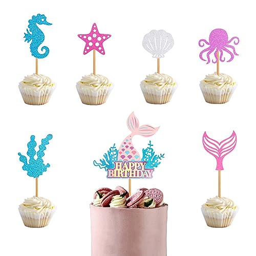 KOBOKO Meerjungfrau Tortendeko,Kindergeburtstag Mädchen Glitzer Cake Topper,Meerjungfrau Kuchen Deko für Cupcake Toppers Wrappers Meerjungfrau Thema Party Dekoration,Cake Topper Tortendeko Geburtstag von Koboko