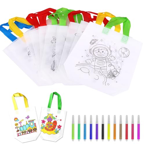 Koboko 10 Stück Taschen zum Bemalen für Kinder,DIY Stoffbeutel zum Bemalen,Perfekt für Kindergeburtstag Gastgeschenke,Bastelset Kindergeburtstag（Enthält 12 Farben Aquarellstifte） von Koboko