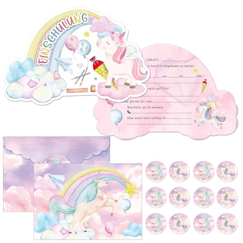 Koboko 12× Einhorn Regenbogen Einladung Einschulung,Einladung Einschulung Mädchen,Schulanfang Deko Regenbogen-Motive Mädchen,Ideal für Die Einschulungsfeier Perfekte Art,Freunde & Familie Einzuladen von Koboko