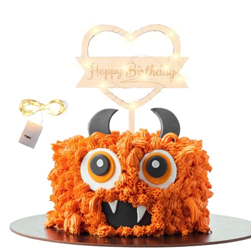 KOBOKO Cake Topper Geburtstag mit Led Lichterkette, Holz Happy Birthday Cake Topper, Herzförmig Kuchendeko Geburtstag, Wiederverwendbar Tortendeko Geburtstag, Tortendeko Happy Birthday Led von Koboko