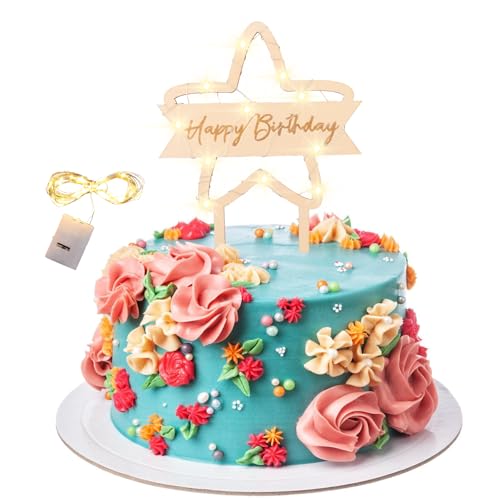 KOBOKO Happy Birthday Tortendeko mit Led Lichterkette, Holz Happy Birthday Cake Topper, Pentagramm Cake Topper Geburtstag, Wiederverwendbar Geburtstagskuchen Deko, Kuchendeko Geburtstag Mädchen Junge von Koboko