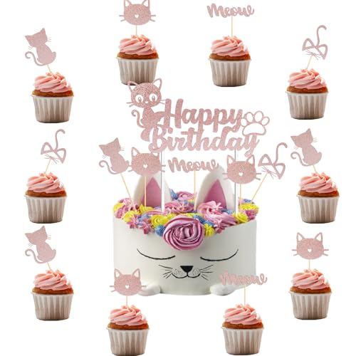 KOBOKO 25 Stück Goldrosa Glitzer Katze Cupcake Topper Junge & Mädchen, Katze Geburtstag Cupcake Topper, Miau Tortendeko, Katzen Muffin Deko Geburtstag für Kindergeburtstag, Pet Birthday Party, von Koboko