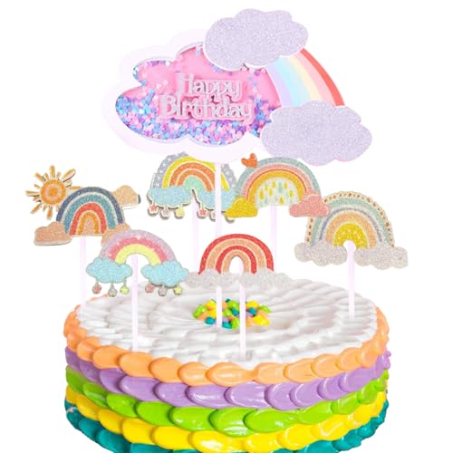 KOBOKO Glitzerpartikel Regenbogen Cake Topper Tortendeko, Happy Birthday Regenbogen Tortendeko, Macaron Farbe Regenbogen Kuchen Deko, Regenbogen Tortendeko für Kinder Mädchen von Koboko