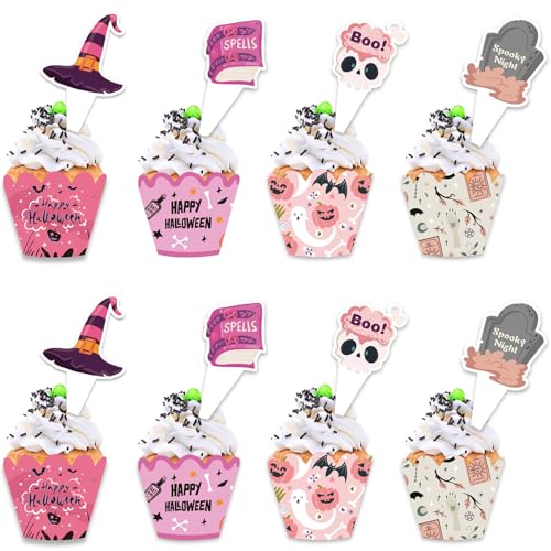 KOBOKO 48 Stück Halloween Cupcake Wrappers,Muffinförmchen Halloween Party Deko,Halloween Muffins Deko,Halloween Cupcake Toppers,Happy Halloween Cupcake Toppers Papier,Grabstein Deko Verpackung von Koboko