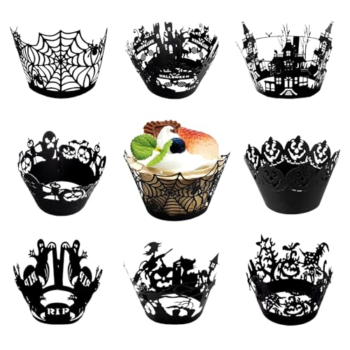 KOBOKO 3D Halloween Cupcake Wrappers,32 Stück Spinnennetz Kuchen Deko Halloween,Fledermäuse Muffins Deko,Hexe Halloween Deko Torte,Muffinförmchen Halloween Party Deko,Spinne Cupcake Toppers Papier von Koboko