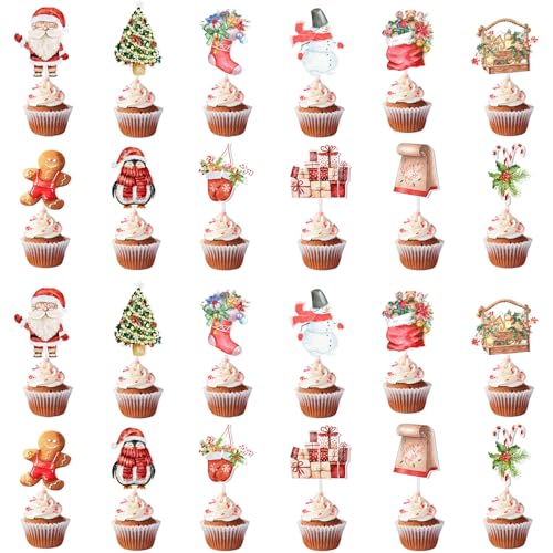 KOBOKO Weihnachten Tortendeko, 24 Stück Weihnachten Cupcake Toppers, Weihnachten Kuchen Topper,Merry Christmas Muffins Deko,Weihnachts Kuchen Deko Backen Zubehör,Frohe Weihnachten Cake Topper von Koboko