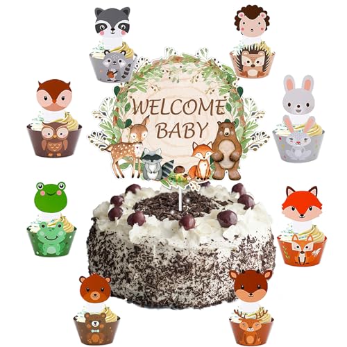 KOBOKO 49 Stück Kuchen Deko Waldtiere, Waldtiere Cupcake Deko, Tortendeko Waldtiere, Waldtiere Cupcake Toppers Cupcake Wrapper Set Muffinförmchen Papier Waldtier Tier für Babyparty, Baby Shower von Koboko