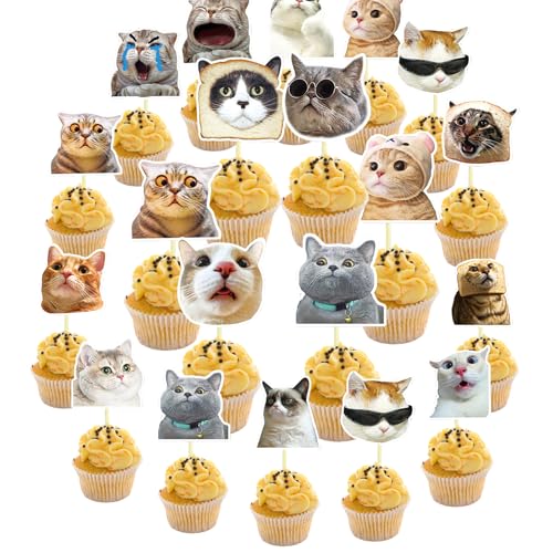 KOBOKO 50 Stück Katzen Cupcake Topper, Katze Tortendeko Geburtstag, Lustige Meme Katze Cupcake Topper, Katze Muffin Deko für Kinder Pet, Cute Katzen Cupcake Deko für Kätzchen Thema Party Babyparty von Koboko