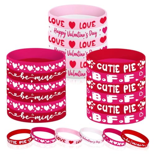 Kochenty 24 Silikonarmbänder für Valentinstagsgeschenke, rosa und rote Liebesherzarmbänder für Kinder und Erwachsene (6 Designs) von Kochenty
