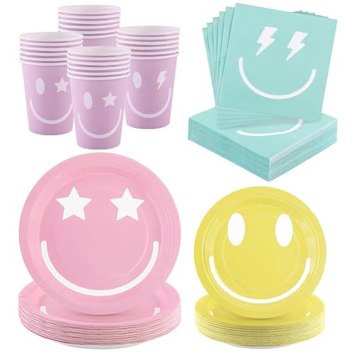 Kochorie 96 Stück Preppy Smiley Face Party Pappteller Preppy Smile Face Party Dekorationen Preppy Geschirr Set Papier Lächeln Gesicht Teller Becher Servietten Besteck Servieren 24 Gäste für Geburtstag von Kochorie