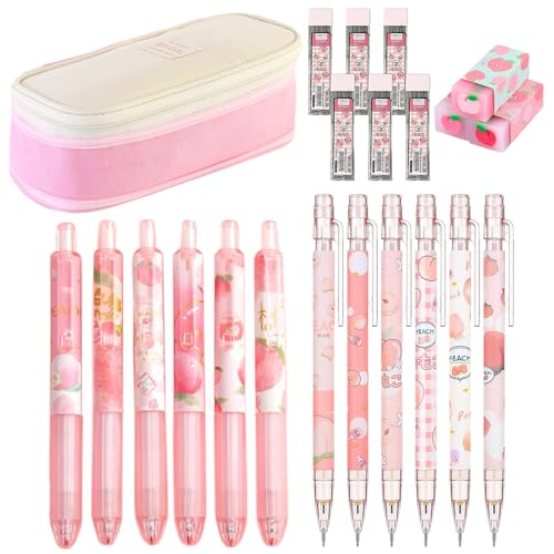 Kocusu Mäppchen Teenager mit Druckbleistift Set 0,5MM,Kugelschreiber Aesthetic 0,5MM,Obst Radiergummi set,Doppelschicht Federmäppchen Mädchen für Schüler,Schule,zum Schulbeginn Geschenk,22 Stück,Rosa von Kocusu