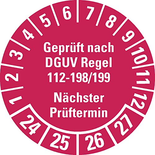 Aufkleber I Prüfplakette Geprüft nach DGUV 112-198/199 24-27, rot, Ø 30mm, 18/Bogen, DGUV von König Werbeanlagen