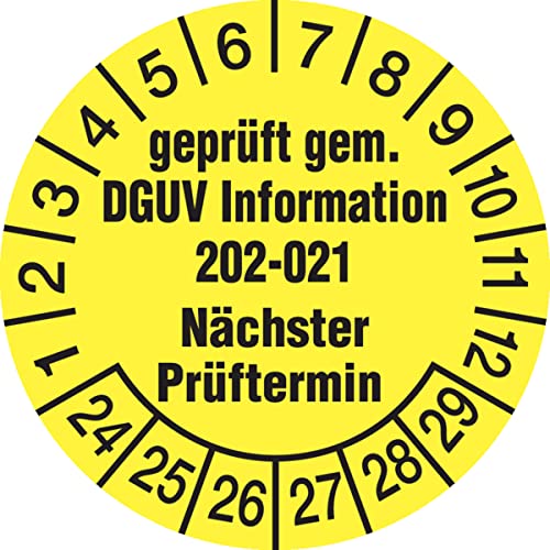 Dreifke® Aufkleber Prüfplakette, DGUV Information 202-021 Nächster Prüftermin, gelb/schwarz, Ø 30mm - Bogen = 10 Stk. Folie selbstklebend Gelb AufdruckSchwarz 3 von König Werbeanlagen