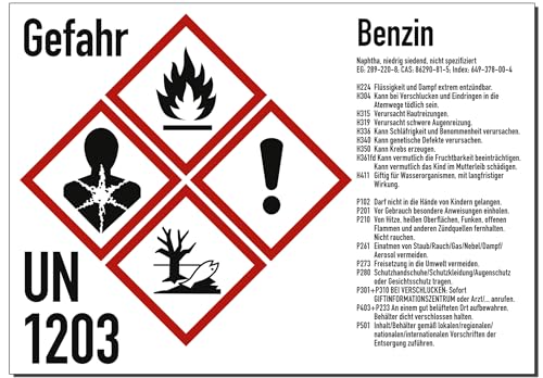 Gefahrstoffkennzeichnung Benzin nach GHS, Aufkleber, 105x74 mm, Idx 2019, UN 1203, Piktogramme nach CLP/GHS von König Werbeanlagen