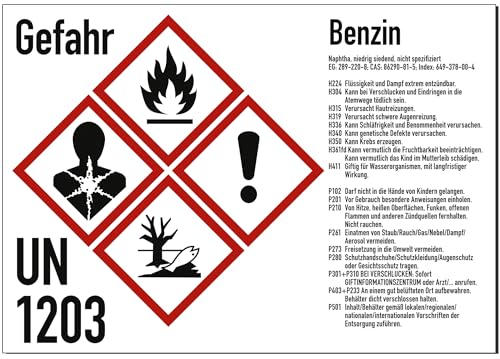 Gefahrstoffkennzeichnung Benzin nach GHS, Aufkleber, 148x105 mm, Idx 2019, UN 1203, Piktogramme nach CLP/GHS von König Werbeanlagen