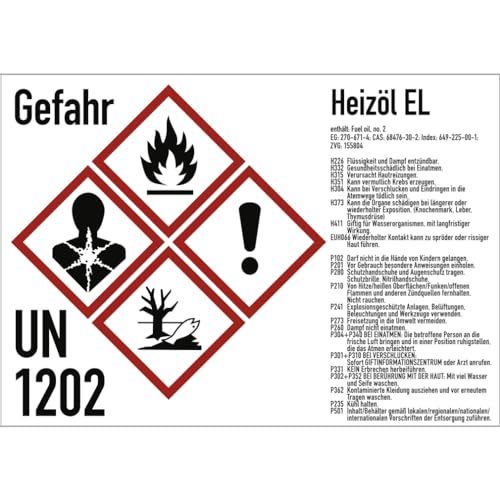 Gefahrstoffkennzeichnung Heizöl EL nach GHS, Aufkleber, 105x74 mm, Idx 2019, UN 1202, Piktogramme nach CLP/GHS von König Werbeanlagen