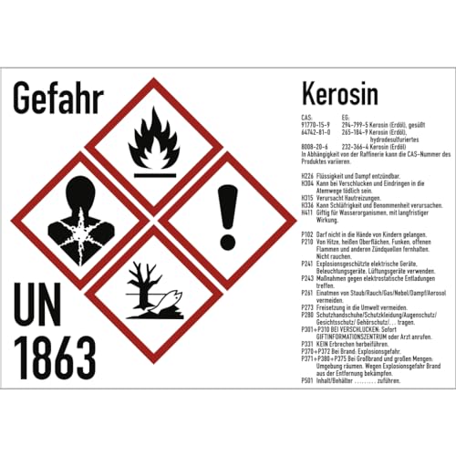 Gefahrstoffkennzeichnung Kerosin nach GHS, Aufkleber, 105x74 mm, Idx 2019, UN 1863, Piktogramme nach CLP/GHS von König Werbeanlagen