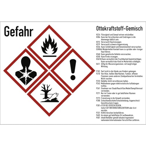 Gefahrstoffkennzeichnung Ottokraftstoff Gemisch nach GHS, Aufkleber, 105x74 mm, Idx 2019, Piktogramme nach CLP/GHS von König Werbeanlagen