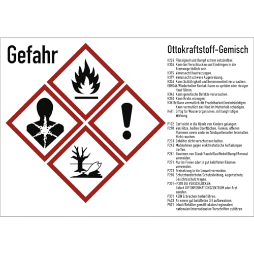 Gefahrstoffkennzeichnung Ottokraftstoff Gemisch nach GHS, Aufkleber, 148x105 mm, Idx 2019, Piktogramme nach CLP/GHS von König Werbeanlagen