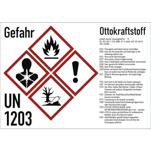 Gefahrstoffkennzeichnung Ottokraftstoff nach GHS, Aufkleber, 210x148 mm, Idx 2019, UN 1203, Piktogramme nach CLP/GHS von König Werbeanlagen