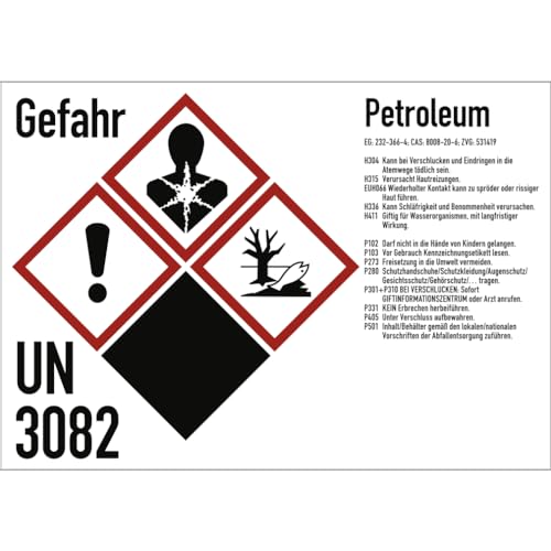 Gefahrstoffkennzeichnung Petroleum nach GHS, Aufkleber, 105x74 mm, Idx 2019, UN 3082, Piktogramme nach CLP/GHS von König Werbeanlagen