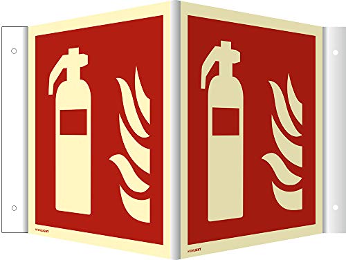 Winkelschild, Nasenschild Feuerlöscher nach ISO 7010 HIGHLIGHT Alu 14,8 x 14,8cm mit 4 Bohrungen à 3 mm Ø Leuchtdichte: HIGHLIGHT 48 mcd/m² gemäß ISO 7010, F001 von König Werbeanlagen