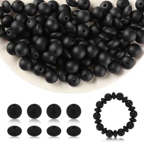 Kogcmeetl Silikonperlen, 12 mm, Silikonperlen für Schlüsselanhänger, Silikonperlen, lose Perlen für Stifte, Halsketten, Armbänder, Basteln, Schwarz, 100 Stück von Kogcmeetl