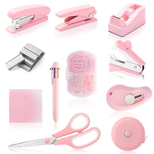 Rosa Schreibtisch Zubehör Kit Niedlich Bürobedarf Set Desktop Heftgerät Set Inklusive Heftklammerentferner Lochstanzer Klebebandabroller Kugelschreiber Schere Mini Box Cutter Maßband Büroklammern von Kogcmeetl