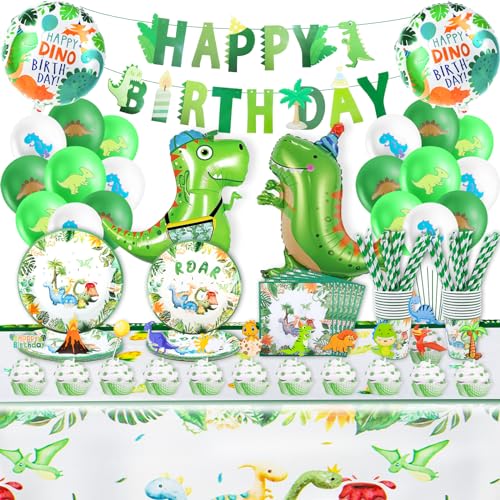 Zubehör 135 Stück Dino Geburtstag Deko, Dino Deko Kindergeburtstag Dino Party für 20 Gäste Dino Luftballon Dino Servietten Dino Kuchen Deko Dino Tischdecke Pappteller Kindergeburtstag von Kogmaworn