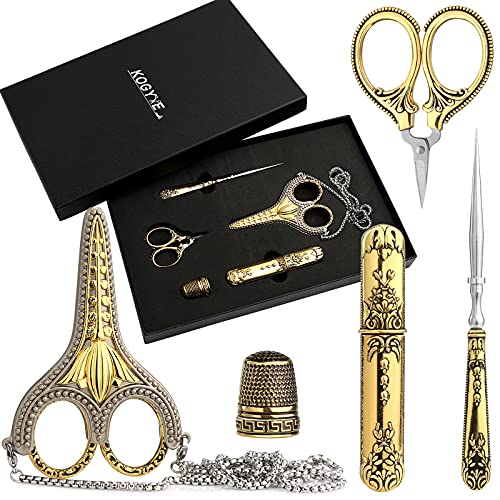 5-teiliges Stickscheren-Set, goldene exquisite Retro-Schere, antikes Nähschere, europäischer Stil, Edelstahl-Nähwerkzeuge für Stickerei, Nähen, Handwerk, Kunstarbeit und den täglichen Gebrauch von Kogyxe