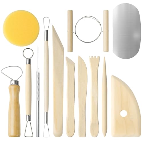 Kolamom 13 Stück Modellierwerkzeug Keramik Werkzeug DIY Kit, Sculpting Polymer Clay Tools, Holz, für Modellbau Schnitzarbeiten Kerzenherstellung, Handwerk Töpfer Tonschnitz von Kolamom