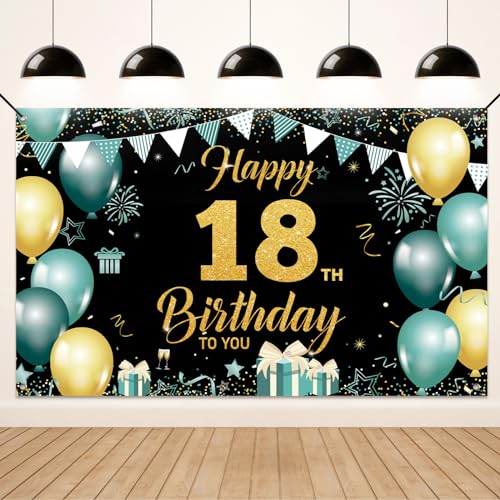 Koliphy 18. Geburtstagsdeko, 18. Happy Birthday Banner für Jungen Mädchen, Grün Gold Stoff 18 Geburtstagsbanner Hintergrund Party Dekoration Drinnen und Draußen von Koliphy