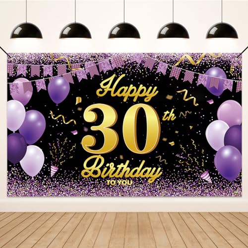 Koliphy 30. Geburtstag Deko, 30. Happy Birthday Banner für Mann Frau, Schwarz Lila Stoff 30 Geburtstagsbanner Hintergrund Party Dekoration Drinnen und Draußen von Koliphy