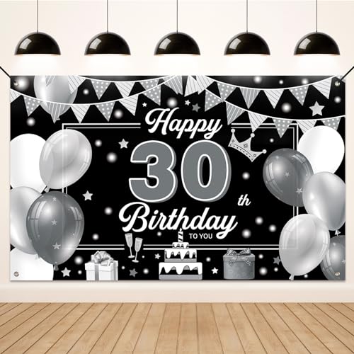 Koliphy 30. Geburtstag Deko, 30. Happy Birthday Banner für Mann Frau, Silber Schwarz Stoff 30 Geburtstagsbanner Hintergrund Party Dekoration Drinnen und Draußen von Koliphy